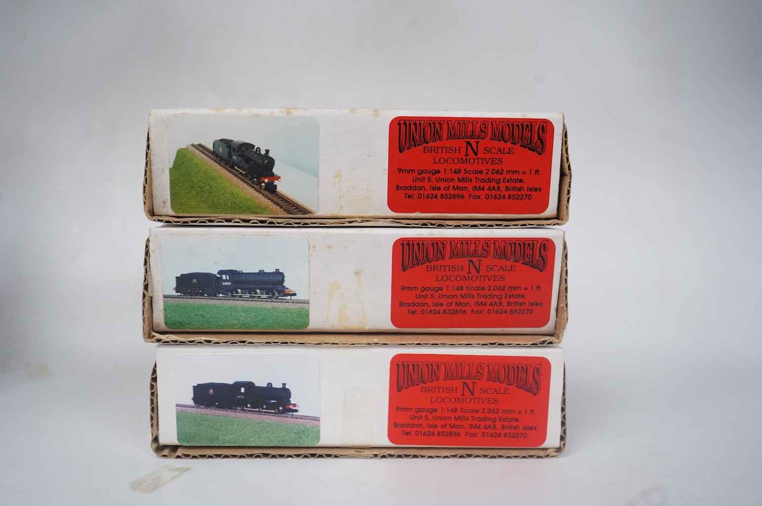 Three boxed Union Mills Models N gauge railway BR locomotives; a Class J26, 65775, a Class J39, 64825, and a Class D20, 62395. Condition - good.